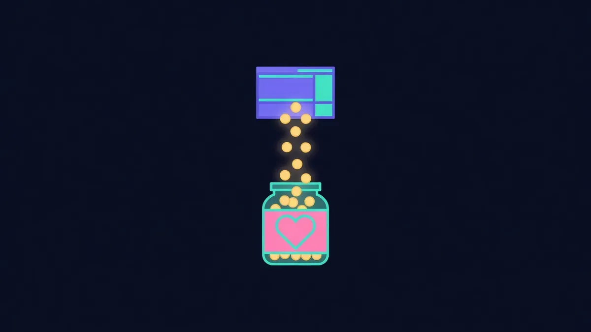Jar with a heart label collecting coins beneath a website window