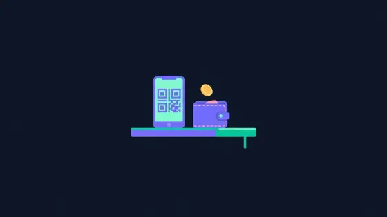 Shop counter with a phone QR code and a coin sliding into a wallet