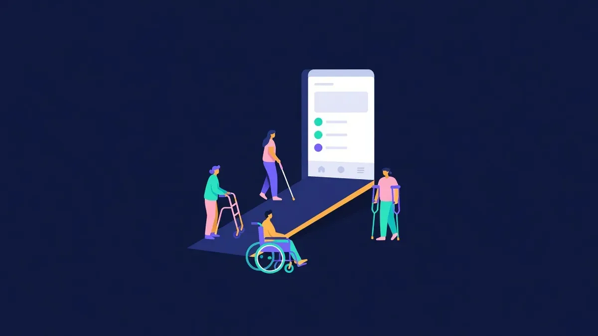 Wide doorway with a ramp into an app, with figures using assistive devices