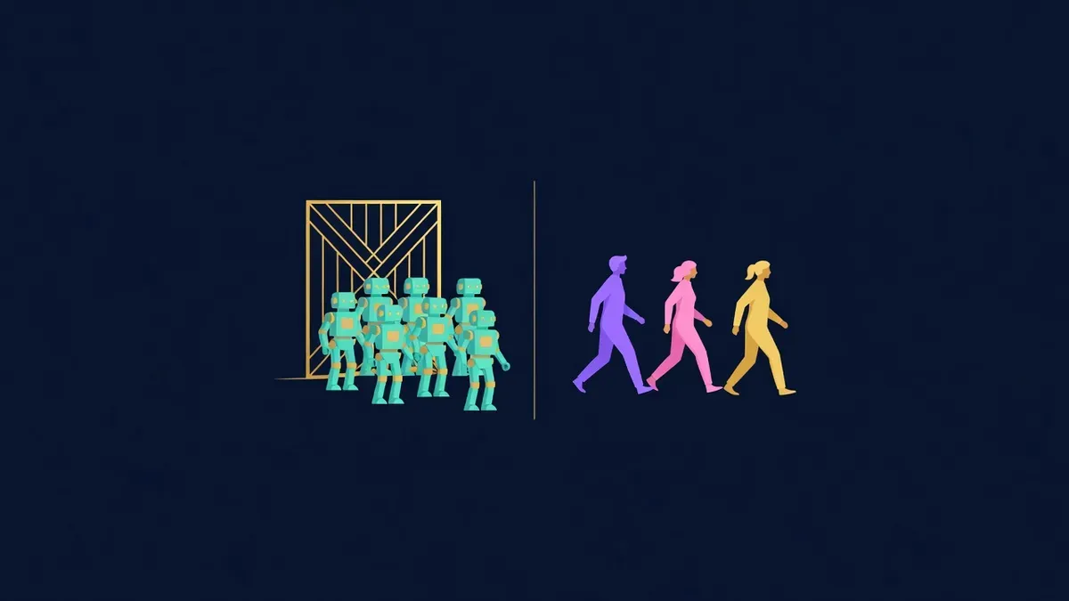Robot figures stopped at a gate while people walk through another lane