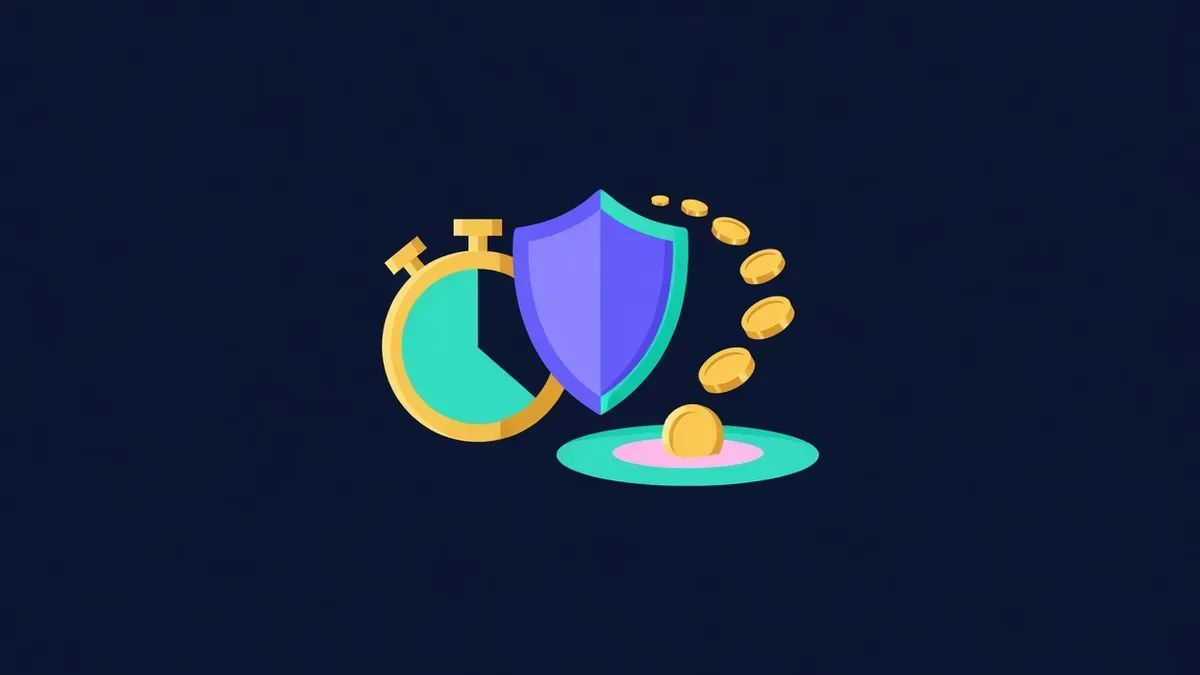 Timer with a shield next to coins entering a pool
