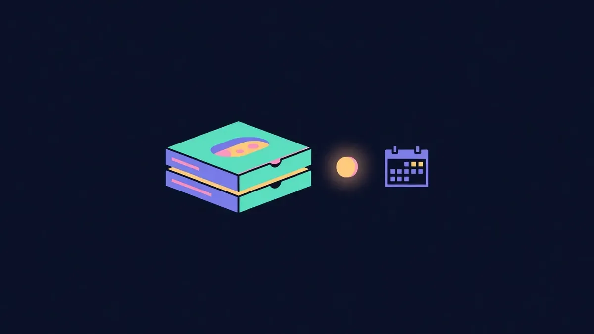 Two pizza boxes beside a glowing coin and a calendar