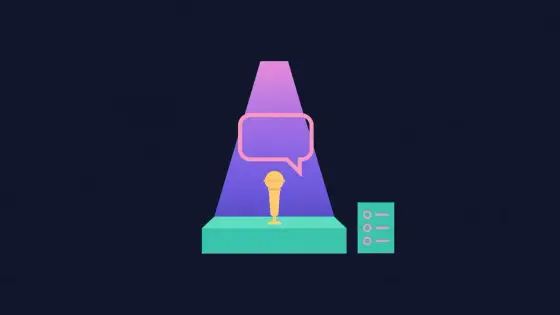 Stage microphone and spotlight on a speech bubble next to a checklist