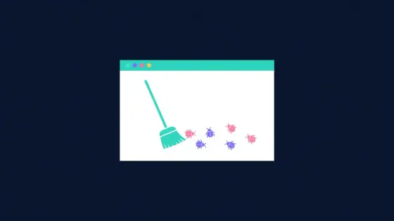 Clean browser window with a broom sweeping away bug icons