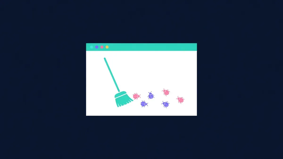 Clean browser window with a broom sweeping away bug icons