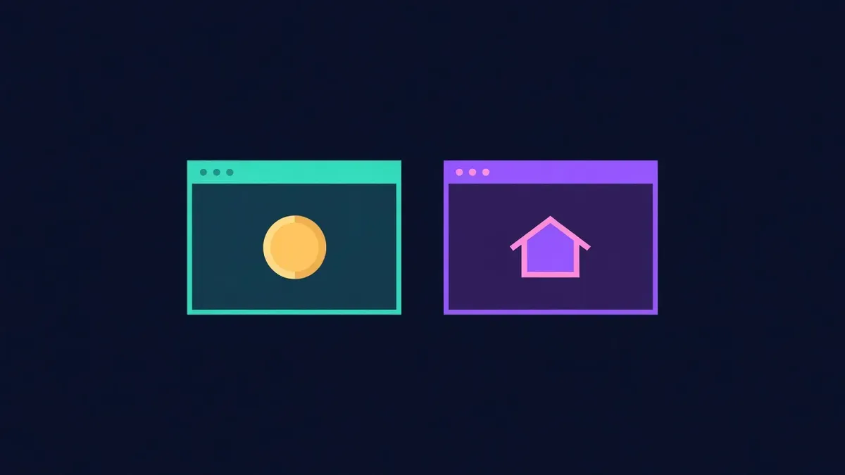 Two browser windows marked with a coin icon and a house icon