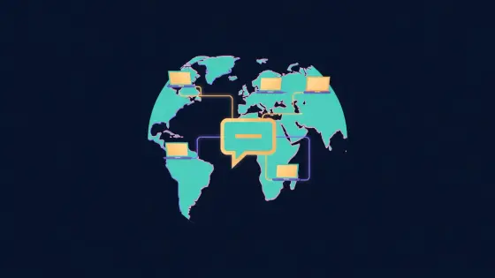 Laptops across a globe connected by lines to a central chat bubble