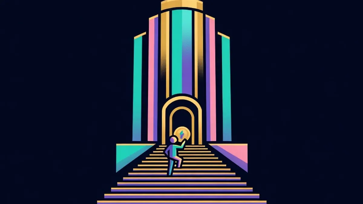 Token carried up steps toward an exchange building
