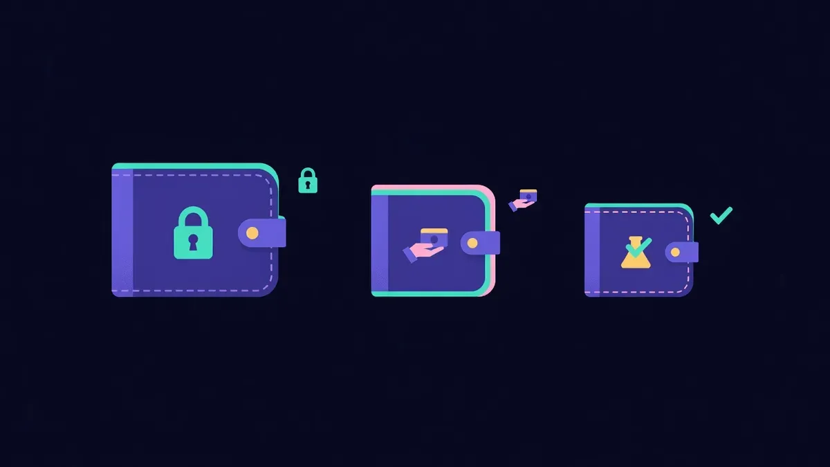 Three wallets of different sizes labelled vault, daily and test