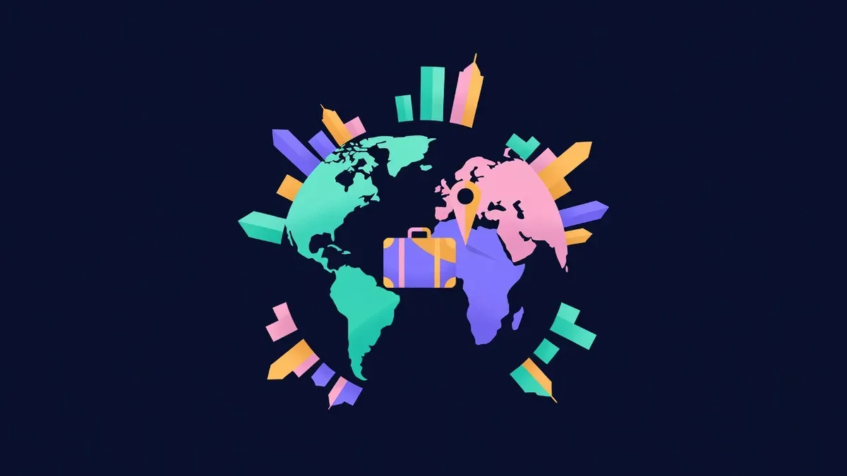 Suitcase beside a map pin on a globe surrounded by city skylines