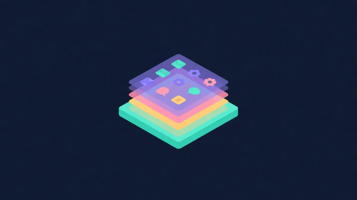 Translucent layers stacked above a base platform with app icons
