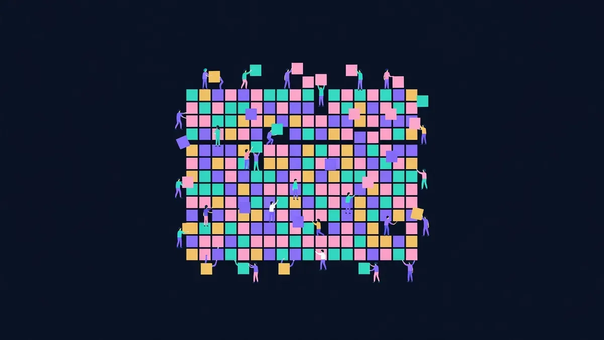 Large pixel canvas painted by tiny figures holding colored squares