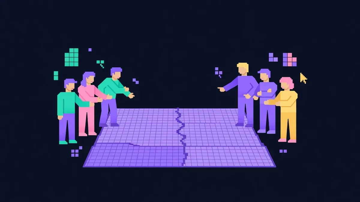Two groups of pixel artists negotiating a border on a canvas