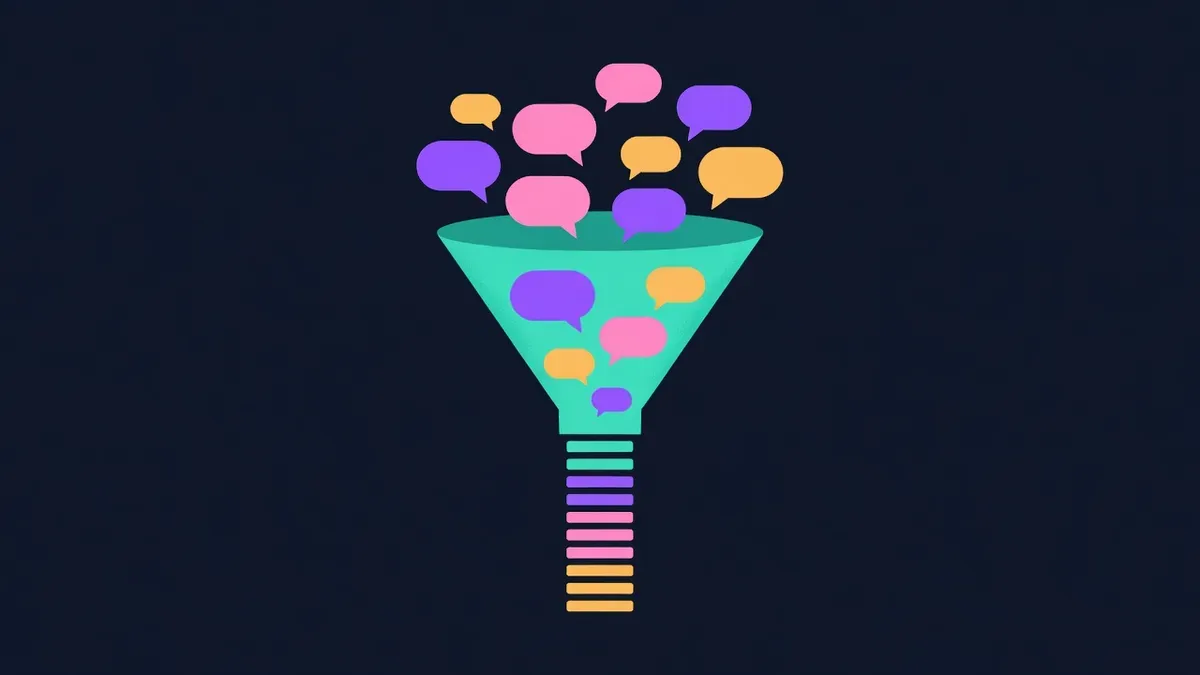 Funnel collecting speech bubbles and turning them into a neat list