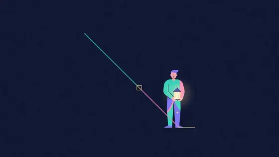 Steep downward chart line with a calm figure holding a lantern