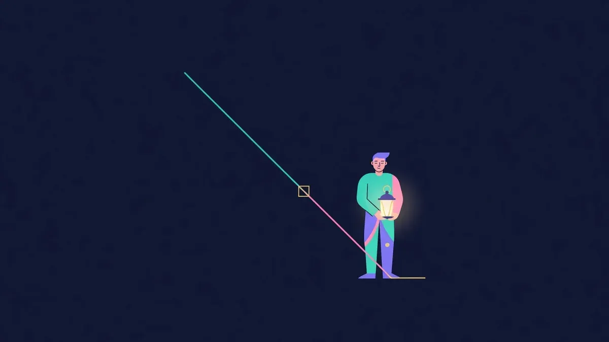 Steep downward chart line with a calm figure holding a lantern