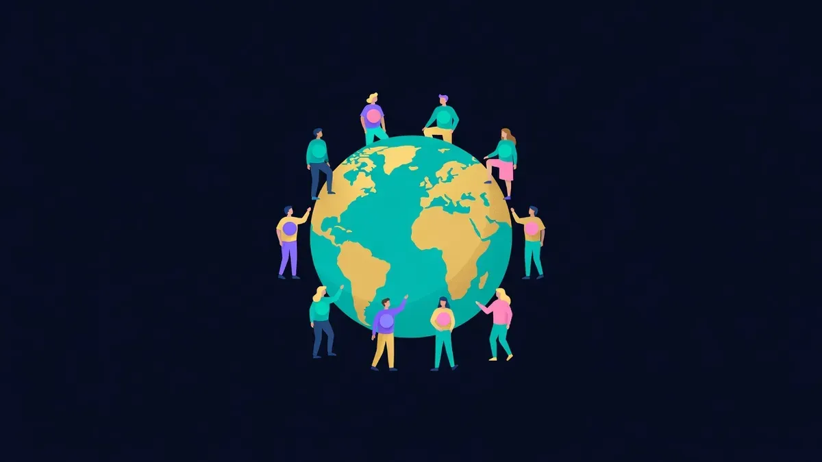 Small figures with colored badges gathered around a globe