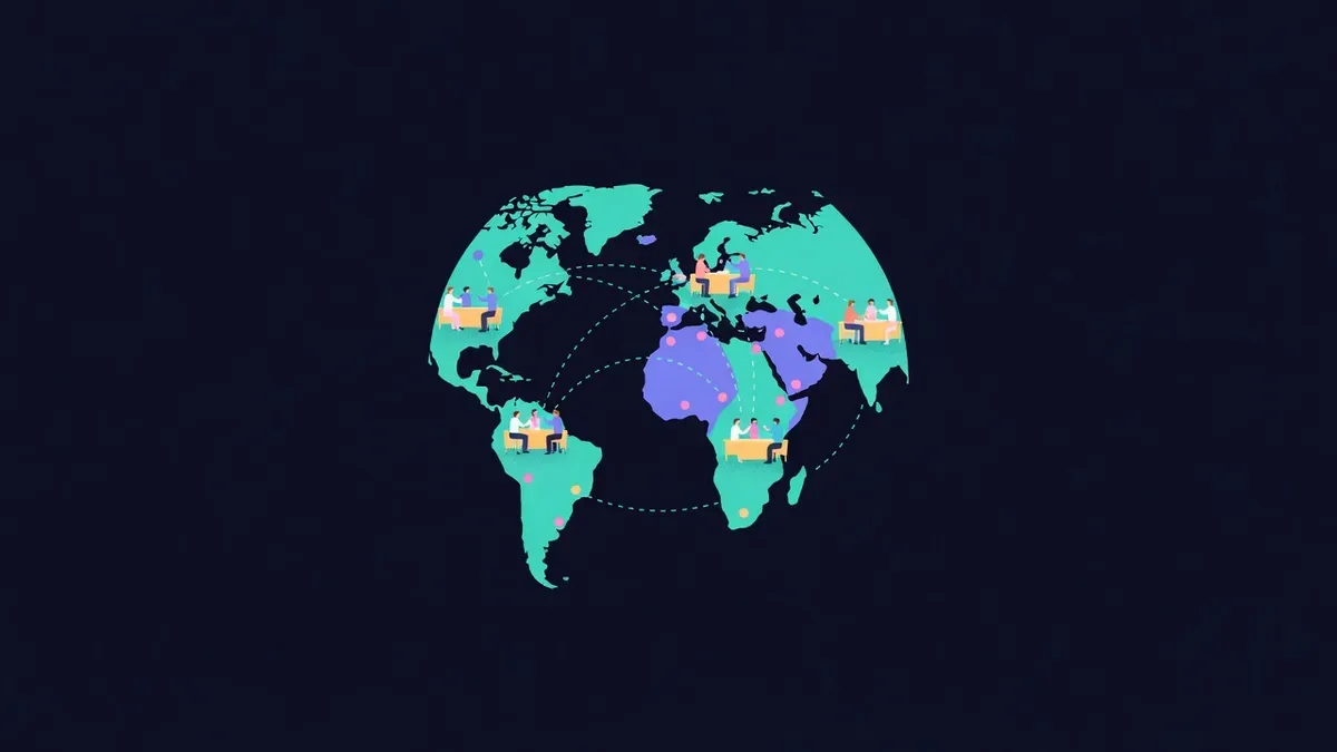 Small groups at tables in several cities linked on a globe