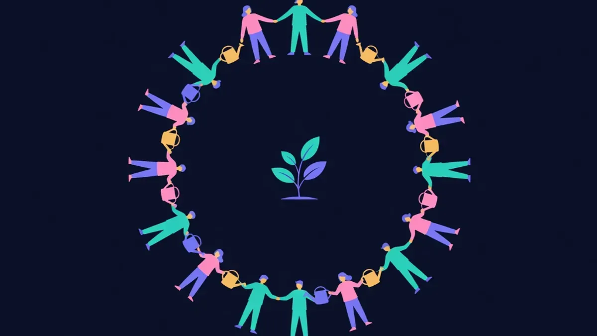 Plant growing from a circle of people holding watering cans
