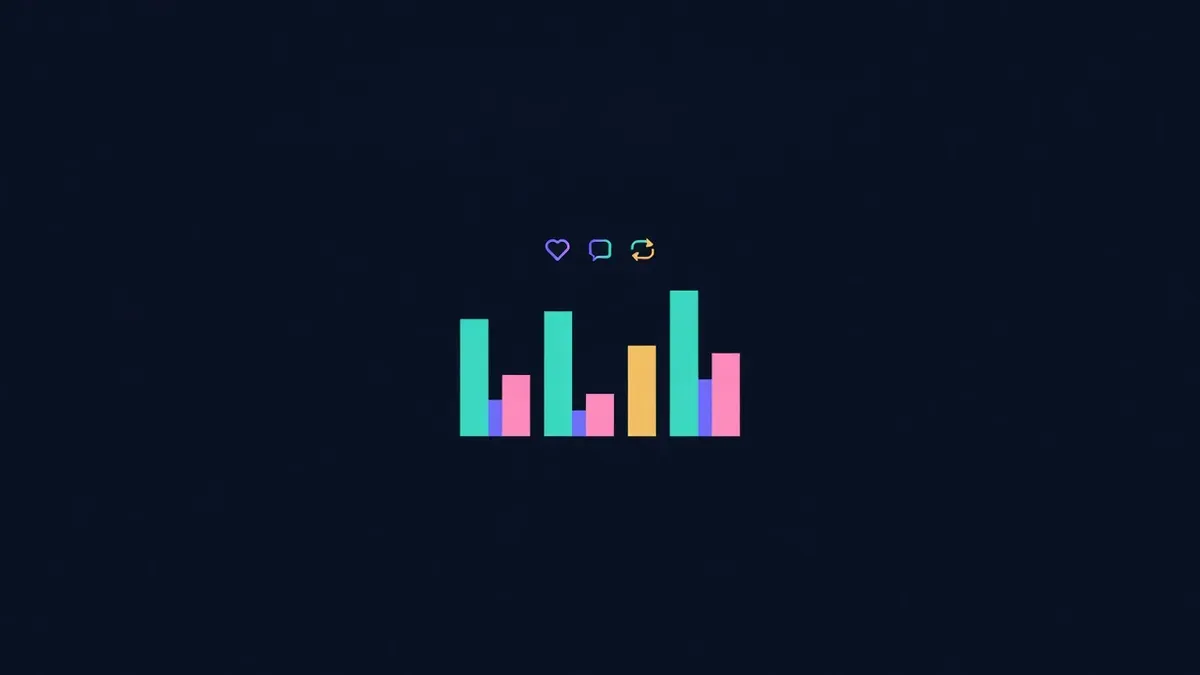 Dashboard with heart, chat and repeat icons above bar charts
