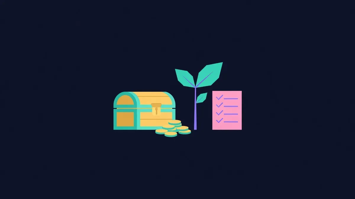 Small chest of coins beside a growing sapling and a checklist