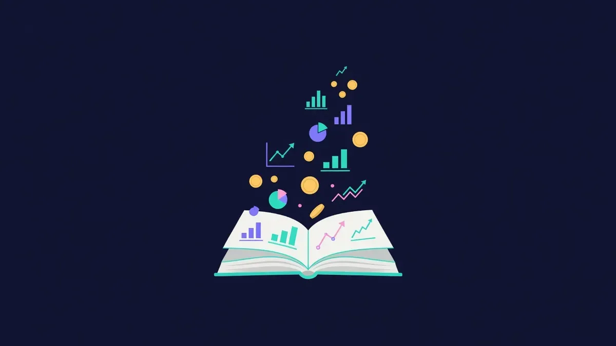 Open book with small charts and coins rising from the pages