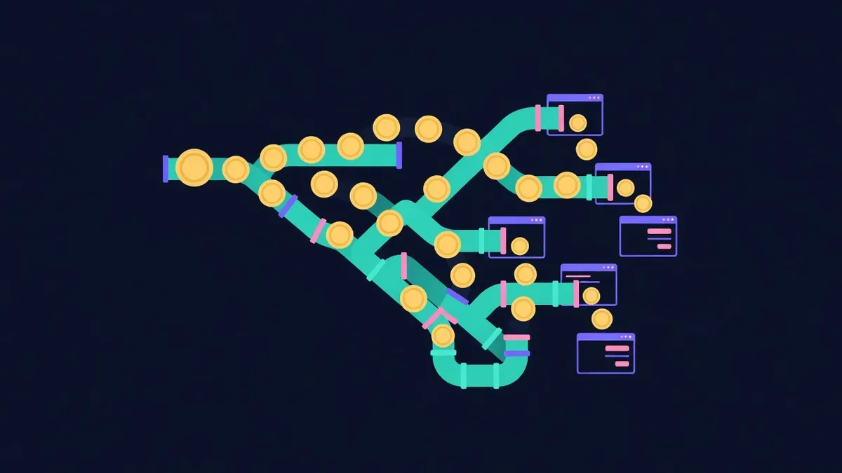 Coins flowing through pipes into several small website windows