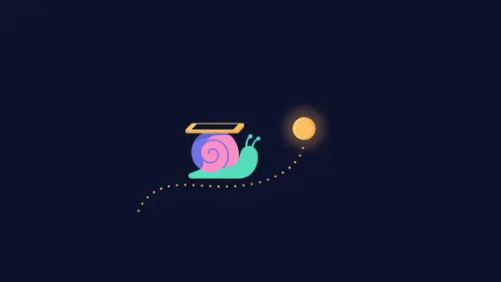 Snail carrying a phone along a dotted line toward a coin