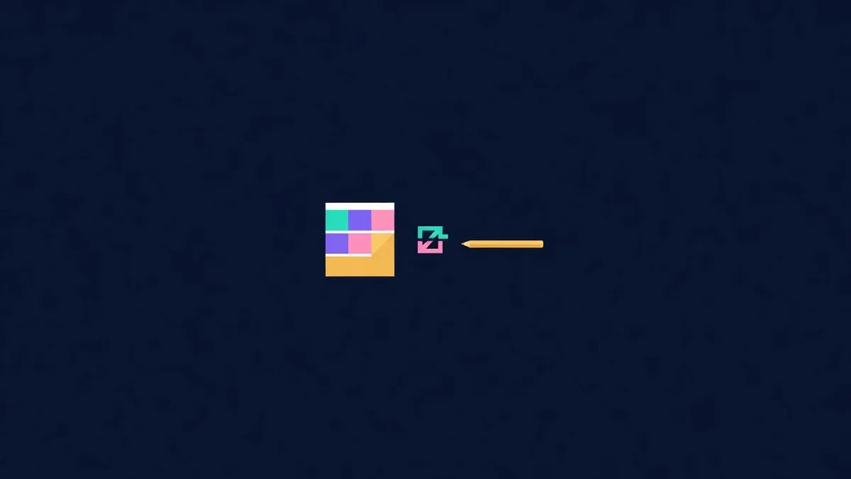 Color swatches beside a simple geometric logo mark and a pencil