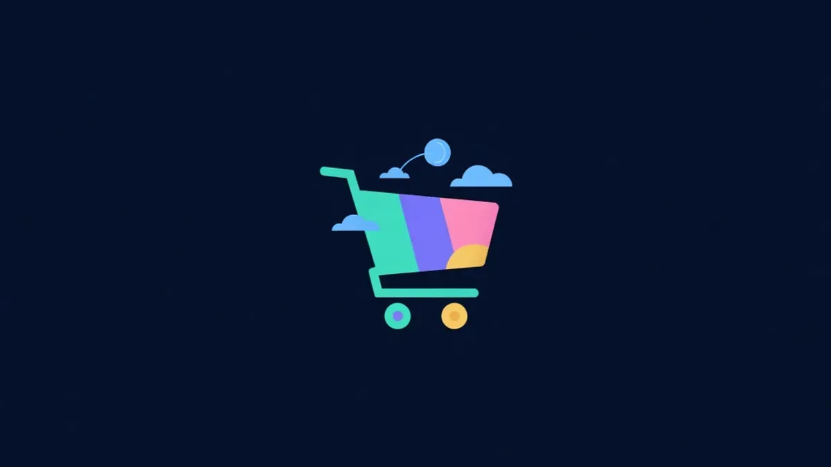 Small clouds connected by lines to a shopping cart and a coin