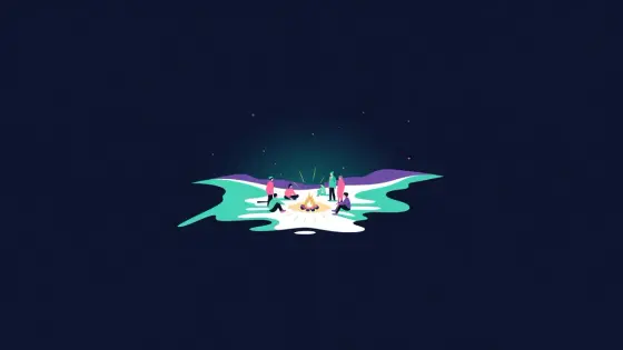 Figures gathered around a campfire on a snowy hill at night