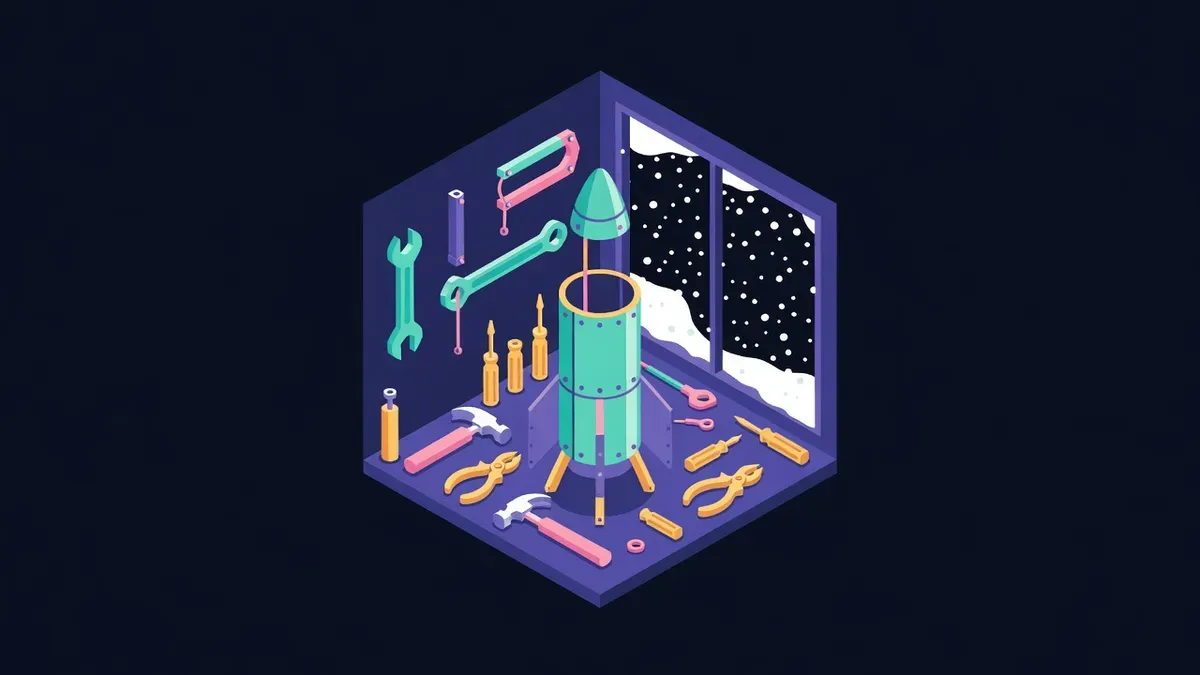 Workshop with a half built rocket while snow falls outside
