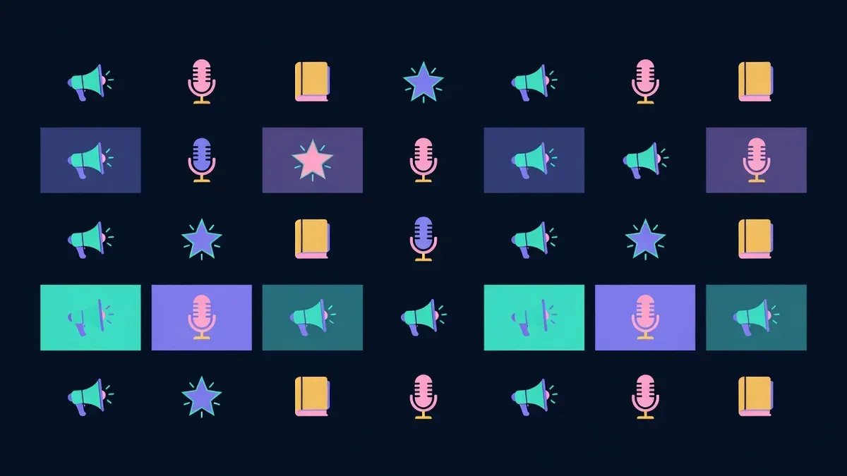 Weekly grid with megaphone, microphone, star and book icons