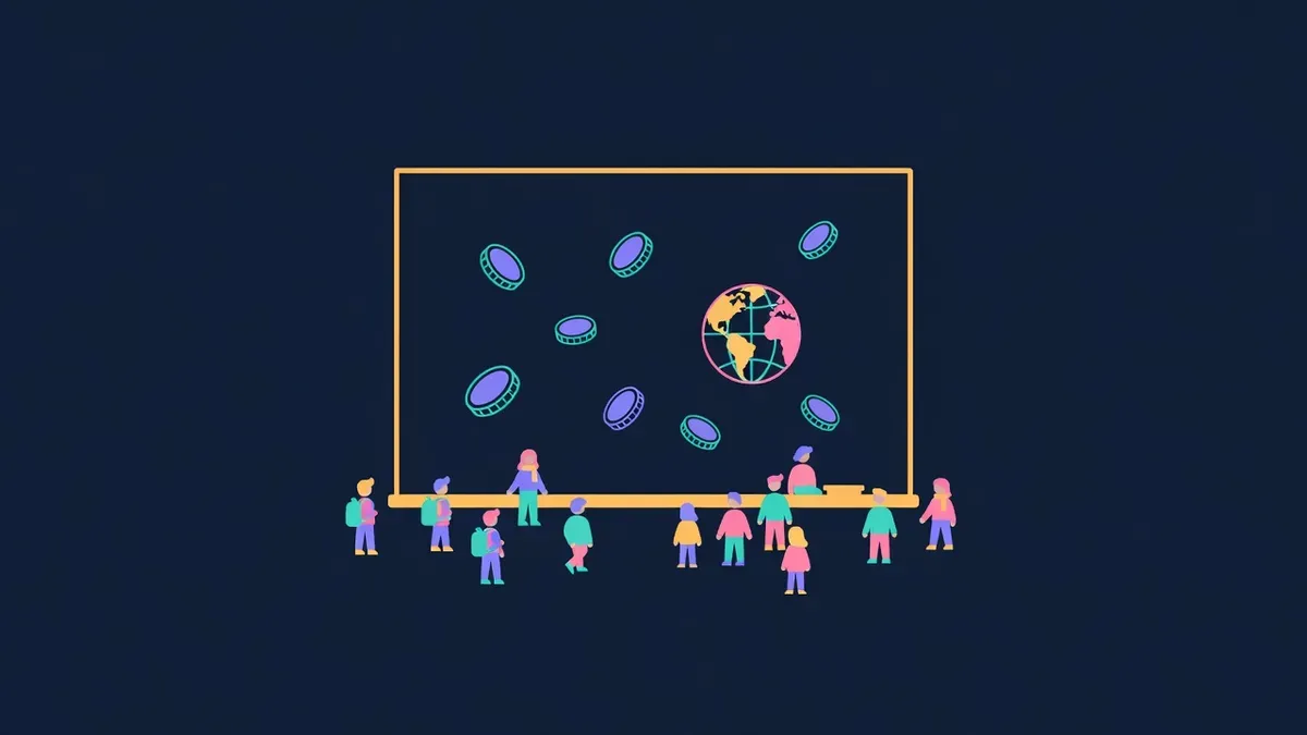 Chalkboard with coin and globe doodles and a group of learners