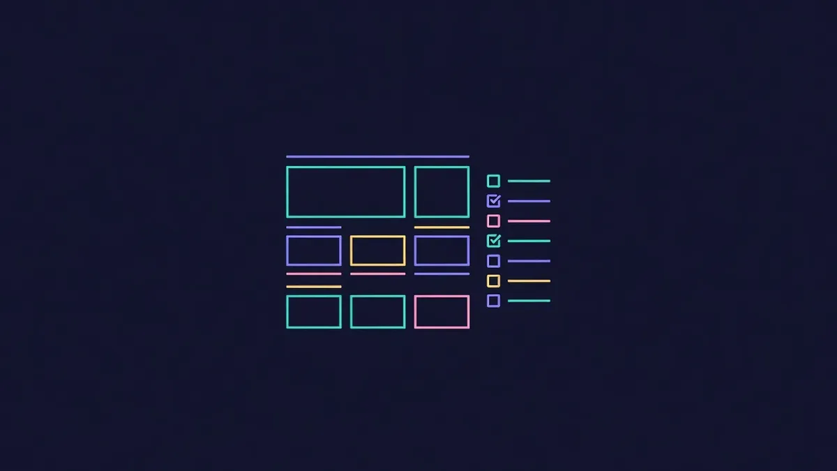 Website wireframe next to a floating checklist with ticked boxes