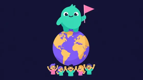 Cartoon creature holding a flag on a globe with tiny cheering fans