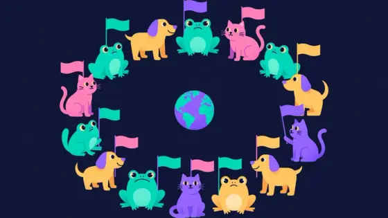Cartoon animals holding tiny flags around a small globe