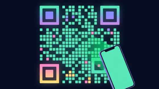 Phone scanning a glowing QR code made of small squares