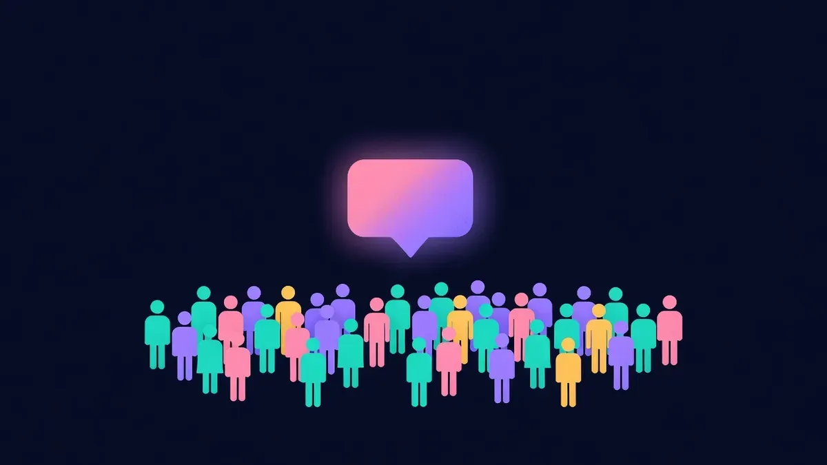 One glowing speech bubble floating above a small crowd
