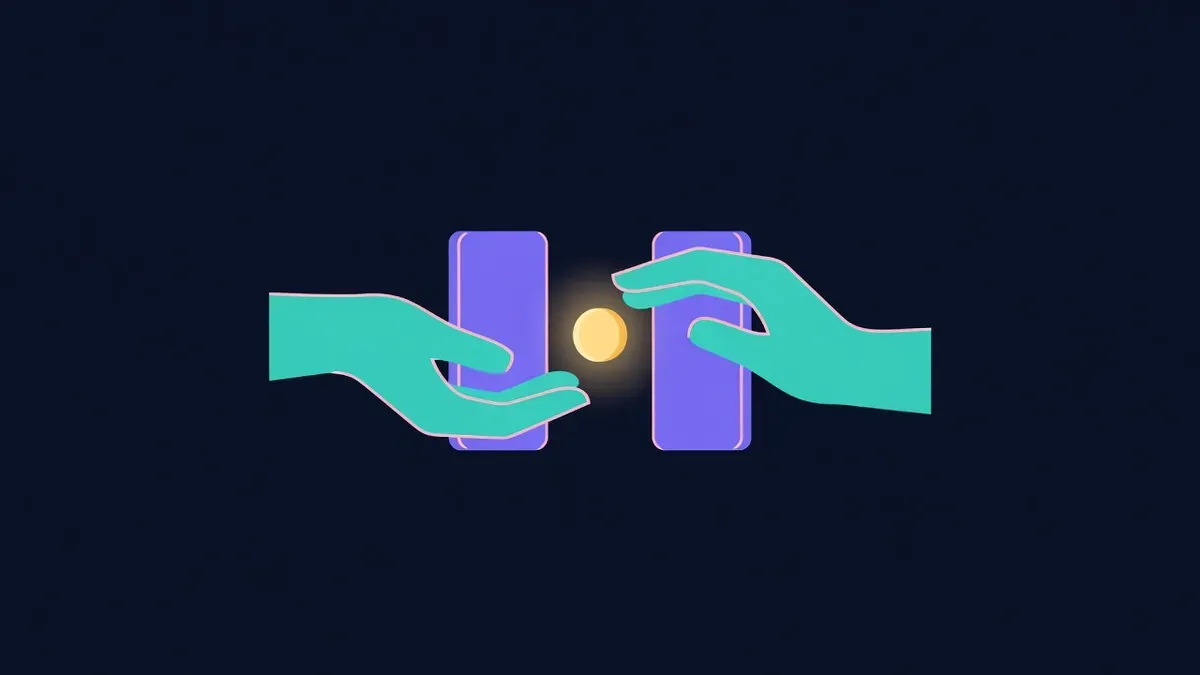 Two phone screens passing a glowing coin between them