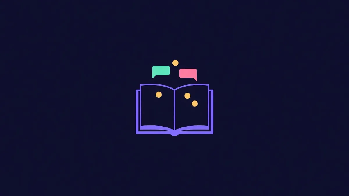 Open dictionary with speech bubbles and coins floating above it