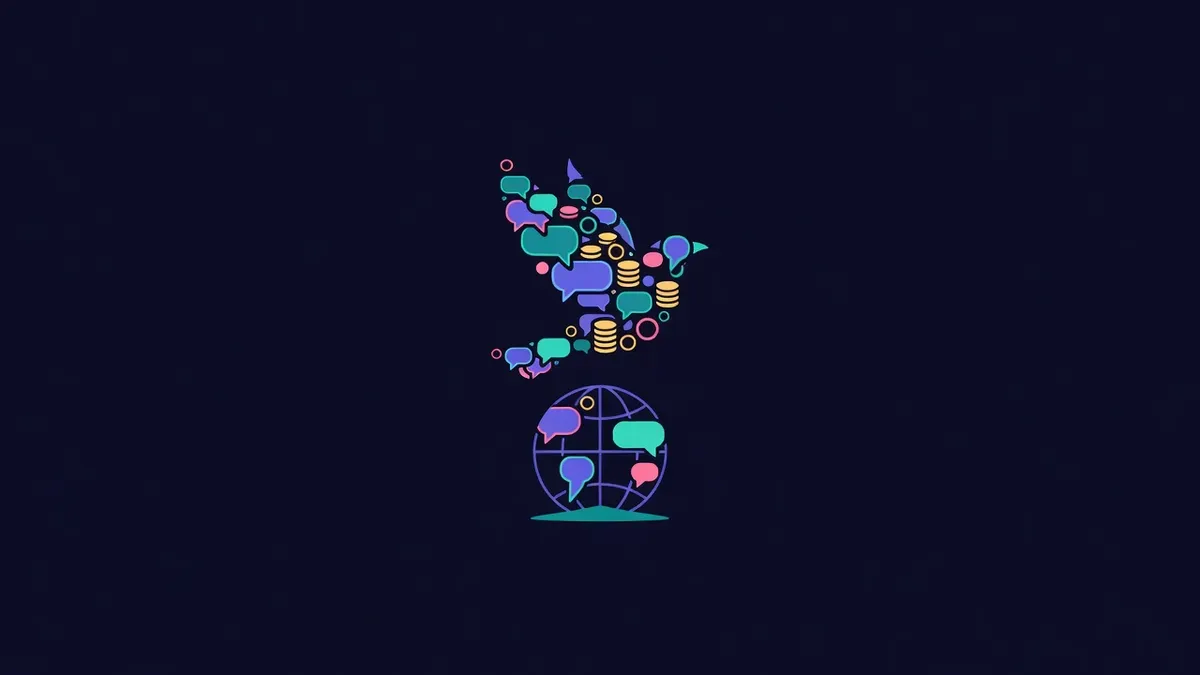 Bird silhouette made of speech bubbles and coins flying over a globe