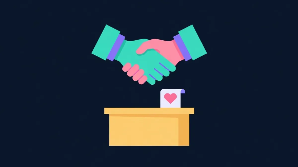 Handshake above a shop counter with a receipt and a heart icon