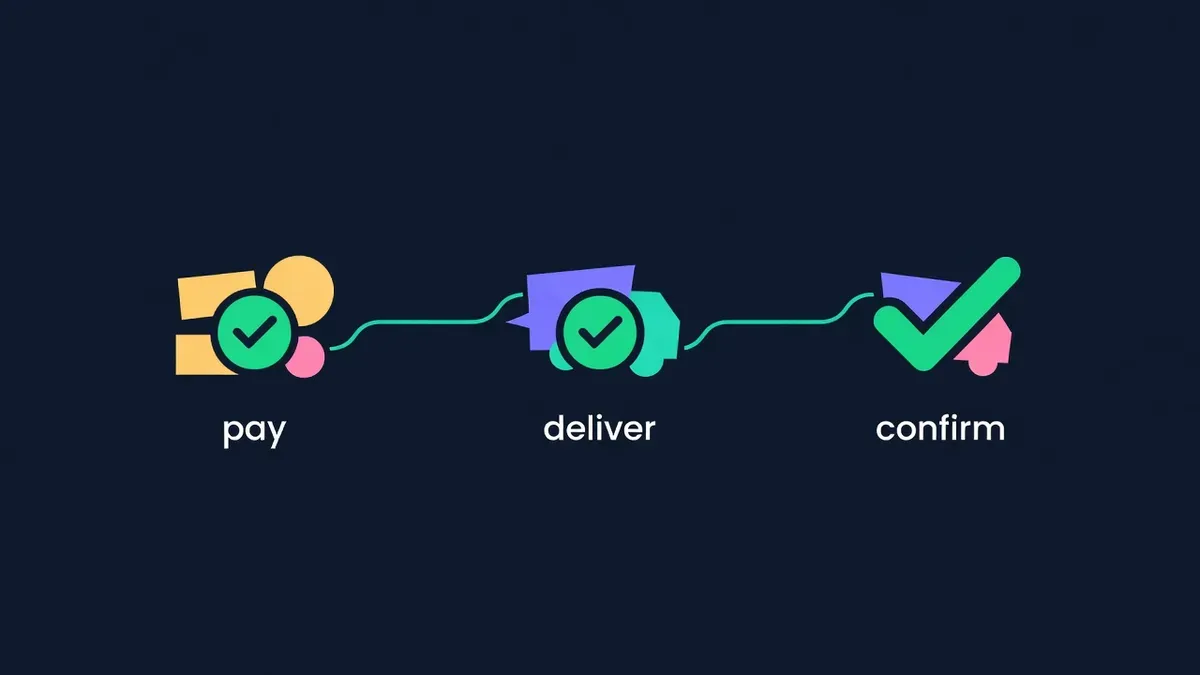 Three-step timeline showing pay, deliver and confirm