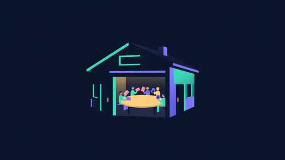 Clubhouse with a round table and figures holding token membership cards