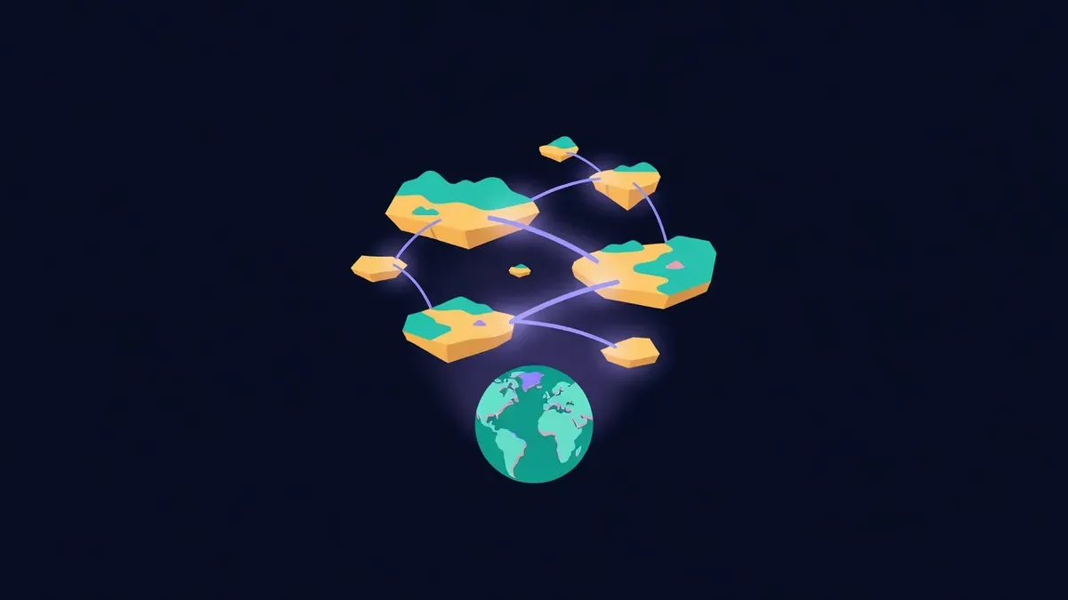 Floating plots of land connected by glowing bridges above a globe