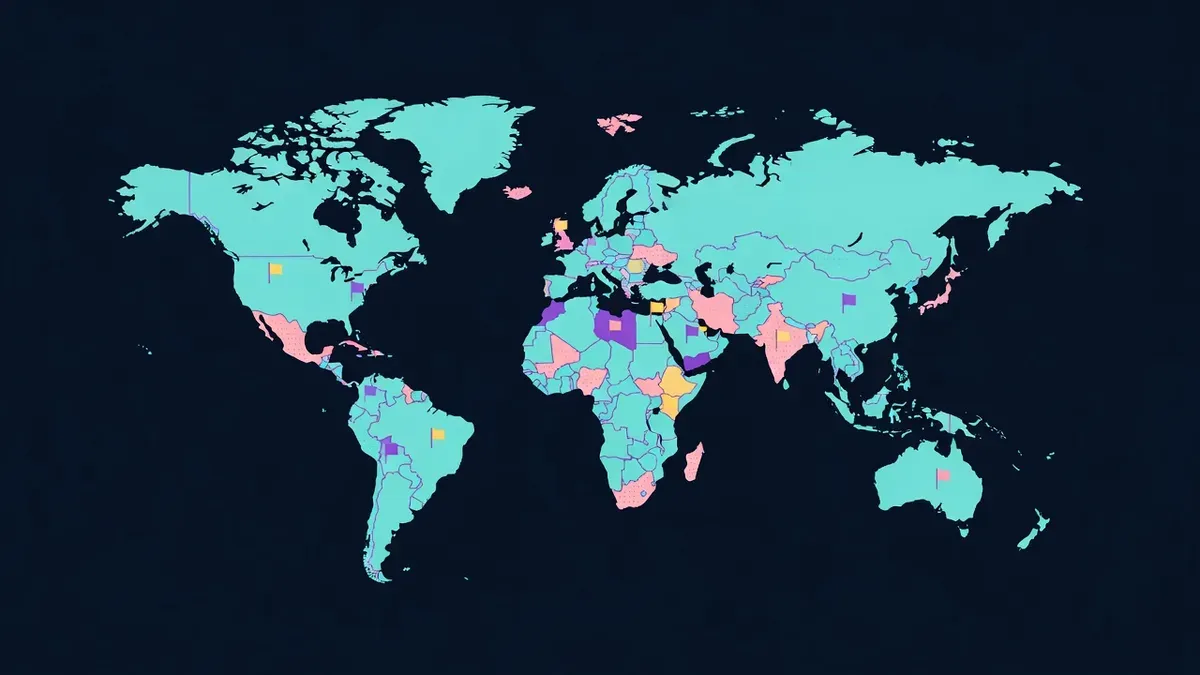 Dotted world map with highlighted squares and small flags