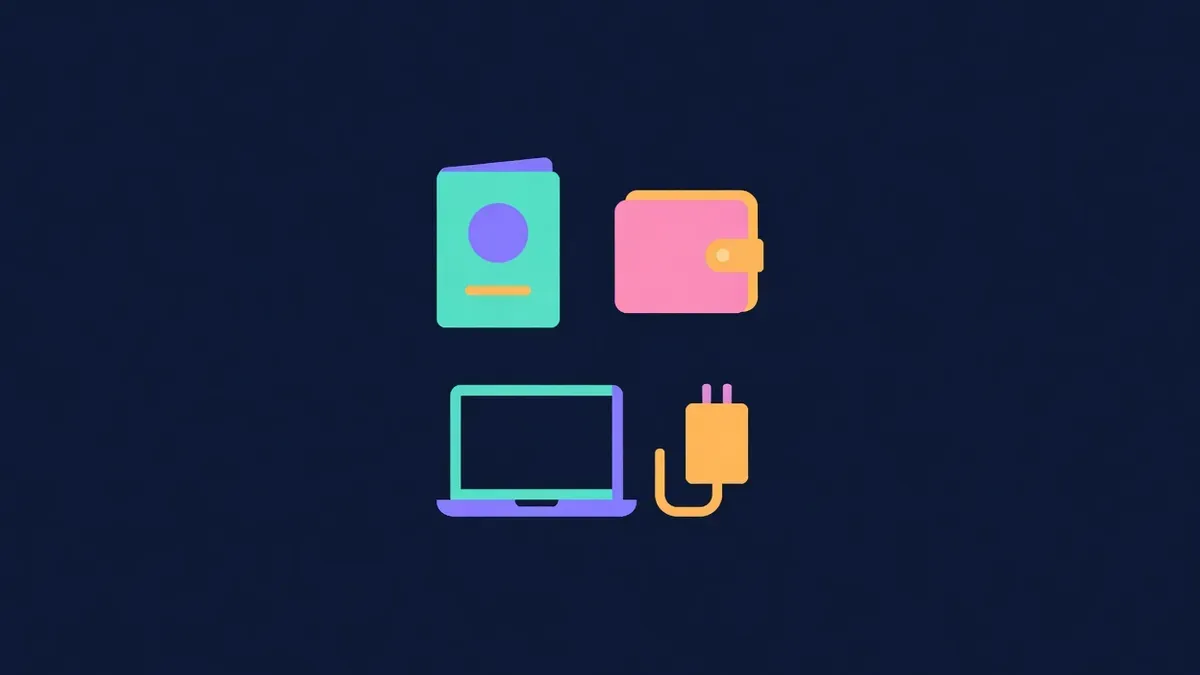 Travel checklist with passport, hardware wallet, laptop and charger icons