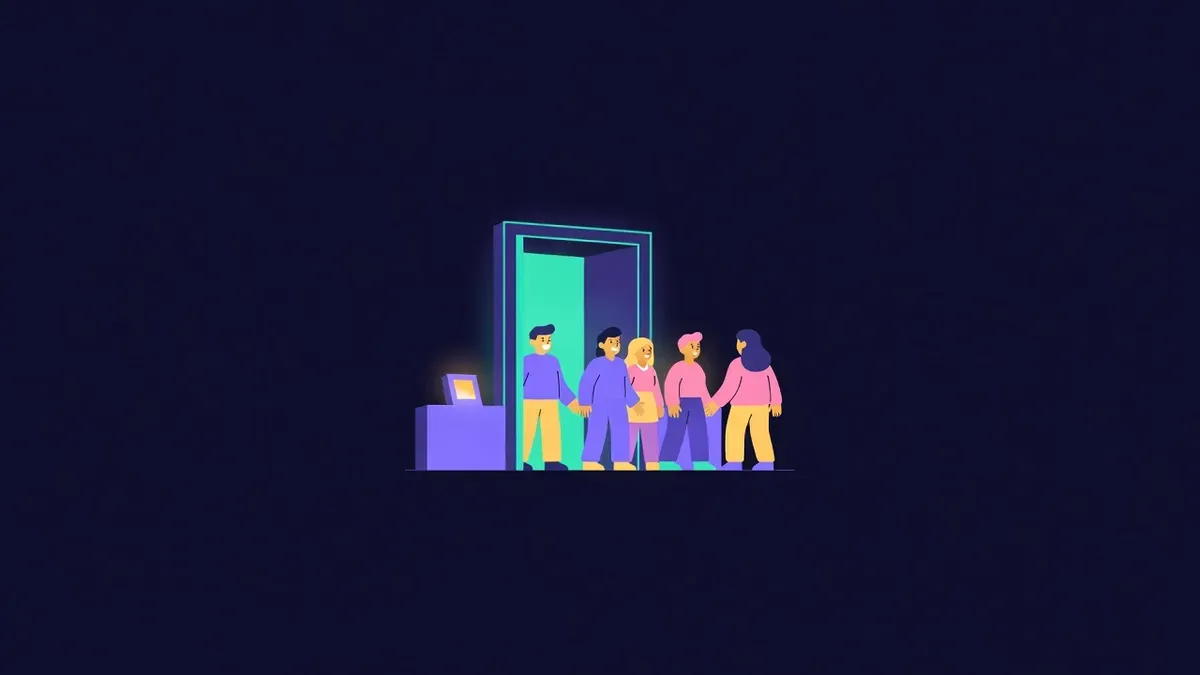 Friendly figures passing a verification checkpoint at a doorway