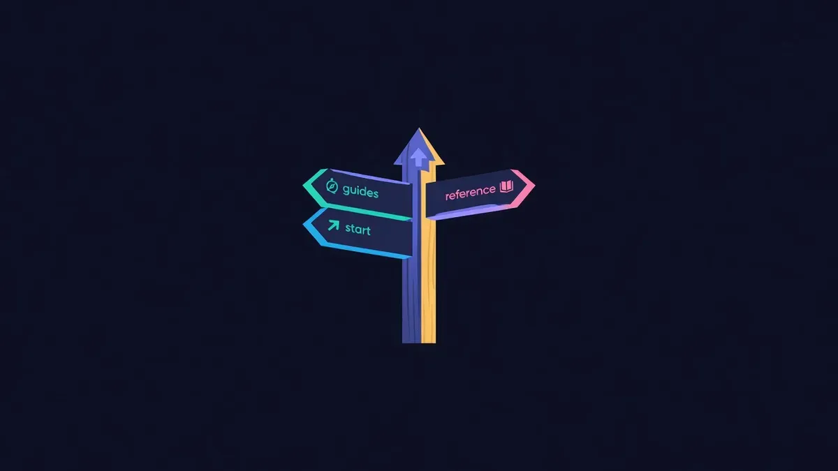 Crossroads signpost with icons for start, guides and reference